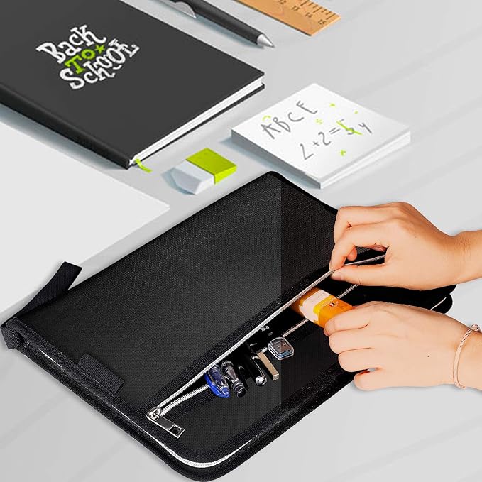 Tamfile Fireproof Waterproof Safe Expanding File Folder Accordion Document Organizer with 24 Pockets Portable Money File Bag Filing Holder and Lables/3Zippers A4 Letter Size (Black,14.3" 9.8")