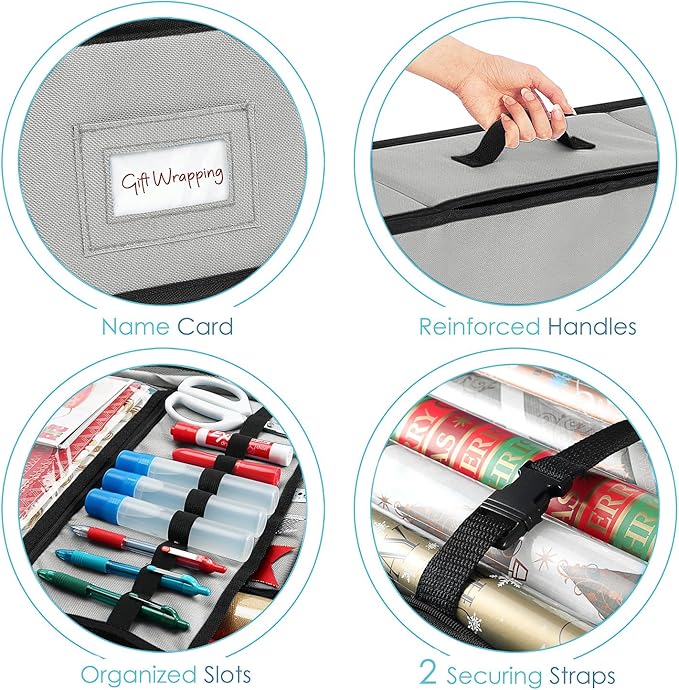 Hearth & Harbor Wrapping Paper Storage Container - Christmas Storage Bag with Ribbon Dispenser and Interior Pockets - Gift Wrap Organizer Fits Up to 26 Rolls of 40" Length, Silver-NeatNest