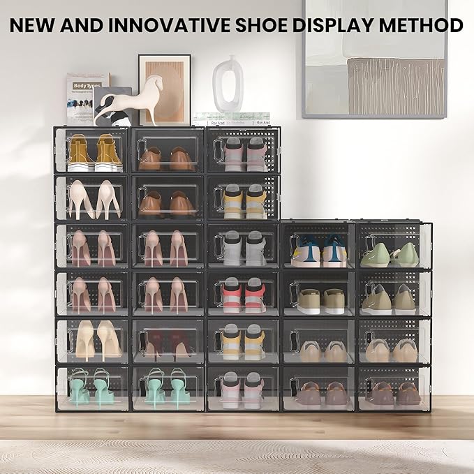12 Pack XXX-Large Modular Clear Plastic Stackable Shoe Storage Organizer for Closet, Space Saving Versatile Sneaker Shoe Rack Containers Bins Holders, Portable Closet Organizers and Storage, Black-NeatNest