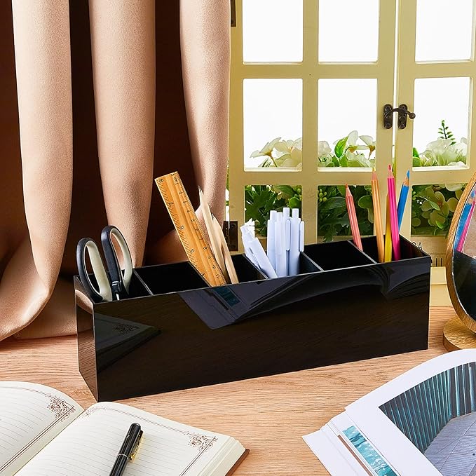 Jetec Acrylic Pen Holder 6 Compartments Makeup Brush Stationery Organizer Pencil Holder for Desk Accessories, Cosmetic Brushes, Dorm, Home, Bathroom, Kitchen, Office Supplies(Black)-NeatNest