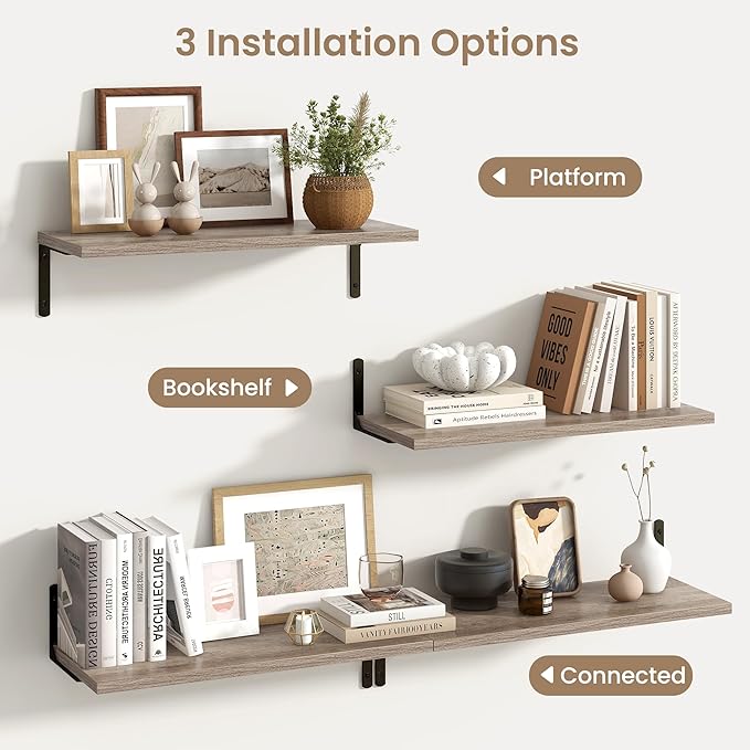 Fun Memories Deep Floating Shelves, 24W x 8D Floating Shelves Set of 2, Wall Mounted Shelf with Metal Brackets, Rustic Wood Wall Shelf for Bathroom, Kitchen and Living Room, Grey-NeatNest