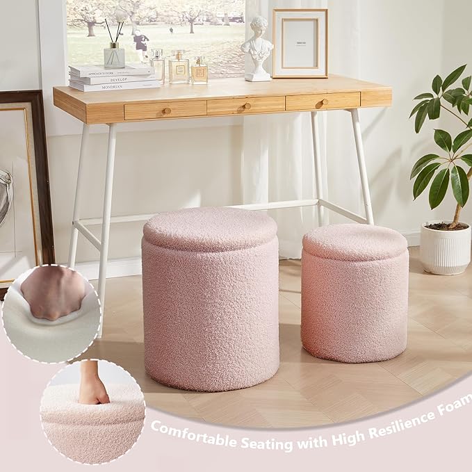 Boucle Round Ottoman with Storage Set of 2,Small Foot Stool Ottoman for Living Room, Small Coffee Table,Vanity Stool with Storage for Bedroom, Pink-NeatNest