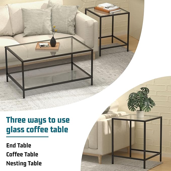 Nesting Coffee Table,Small Glass Coffee Table Set of 2,Black Modern Square Sofa Side Tea Table for Living Room,Bedroom and Small Spaces,2 Tier Tempered Glass with Sturdy Metal Frame, Easy Assembly