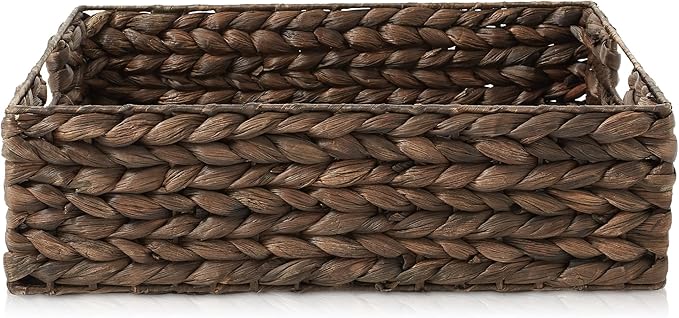 Casafield Set of 4 Water Hyacinth Pantry Baskets, 12-1/2" x 17" x 5", with Chalkboard Labels and Chalk Marker - Espresso, Woven Storage Bin Organizers for Kitchen Shelves-NeatNest