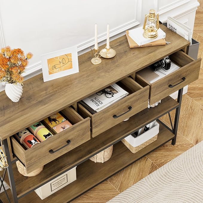 HITHOS 47.2" Console Table with 3 Drawers, Industrial Long Entryway Foyer Table with 3-Tier Storage Shelves, Narrow Sofa Hallway Table for Living Room, Entry Way, Kitchen, Rustic Brown-NeatNest