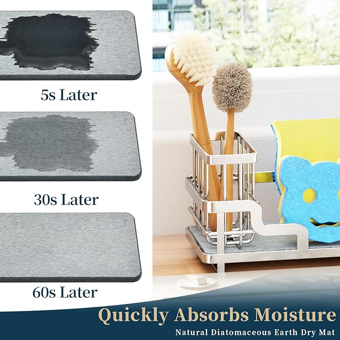 Consumest Sponge Holder for Kitchen Sink - Sink Caddy Organizer with Water Absorbing Stone Tray, Detachable Brush Holder, Stainless Steel Kitchen Counter Organizer Rack, Silver-NeatNest