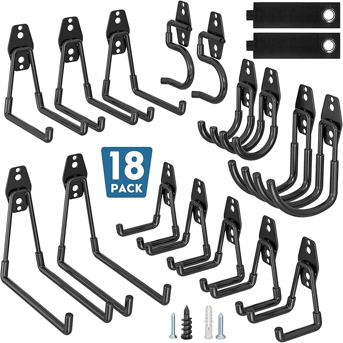 BONTEC Heavy Duty Garage Hooks, Anti-Slip Coated Black Steel with Strong Load Capacity, Multi-Sized U and J Hooks, Easy Wall Mount for Garage, Garden, Workshop (Black, 18 Pack)-NeatNest