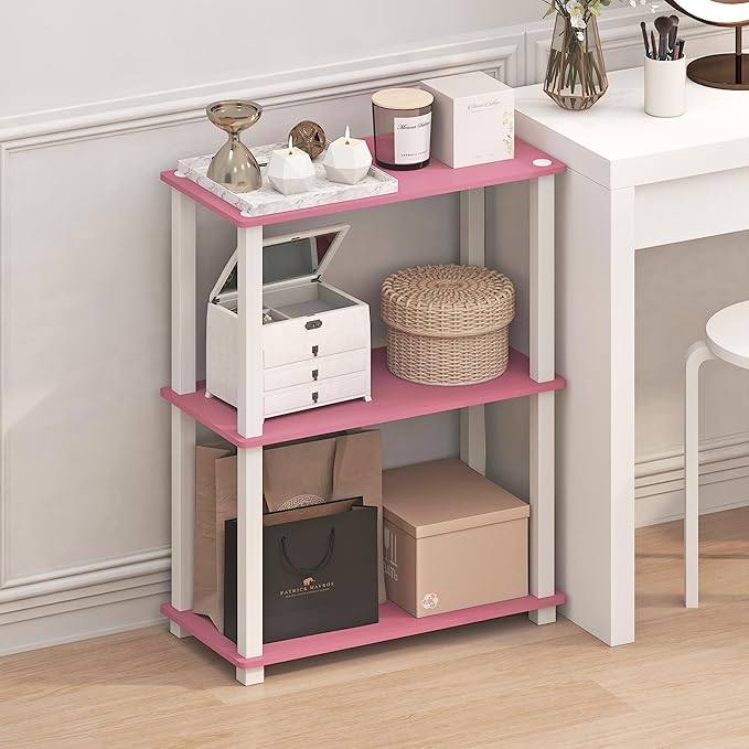 Furinno Turn-S-Tube 3-Tier Compact Multipurpose Shelf Display Rack with Square Tube, Pink/White-NeatNest