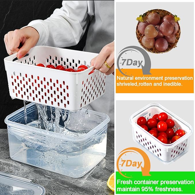 Fruit Storage Containers for Fridge with vent holes and handle，Airtight Food Storage Containers Keep Fruits, Vegetables, Berry, Meat Fresh longer,BPA-free Fridge Storage Container with Lid (3 Pack)
