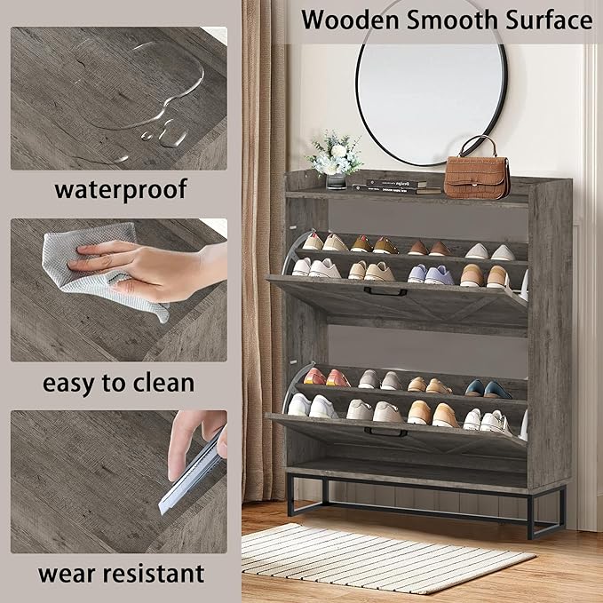 Hidden Shoe Storage Cabinets with 2 Flip Drawers and Metal Legs, Freestanding Narrow Shoe Organizer Rack for Entryway, Rustic Grey-NeatNest