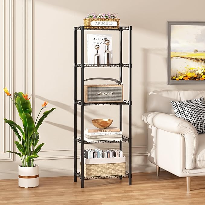 HOMEFORT 5-Tier Wire Shelving 5 Shelves Unit Metal Storage Rack Durable Organizer Perfect for Pantry Closet Kitchen Laundry Organization in Black, 16.5" W x 11.4" D x 47" H