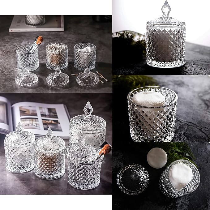 2 Pack Qtip Holder Thick Glass Apothecary Jars with Lid for Bathroom Decor Storage Organizer for Cotton Swabs, Balls, Pads, Floss Picks, Candy, Jewelry, Clear-NeatNest