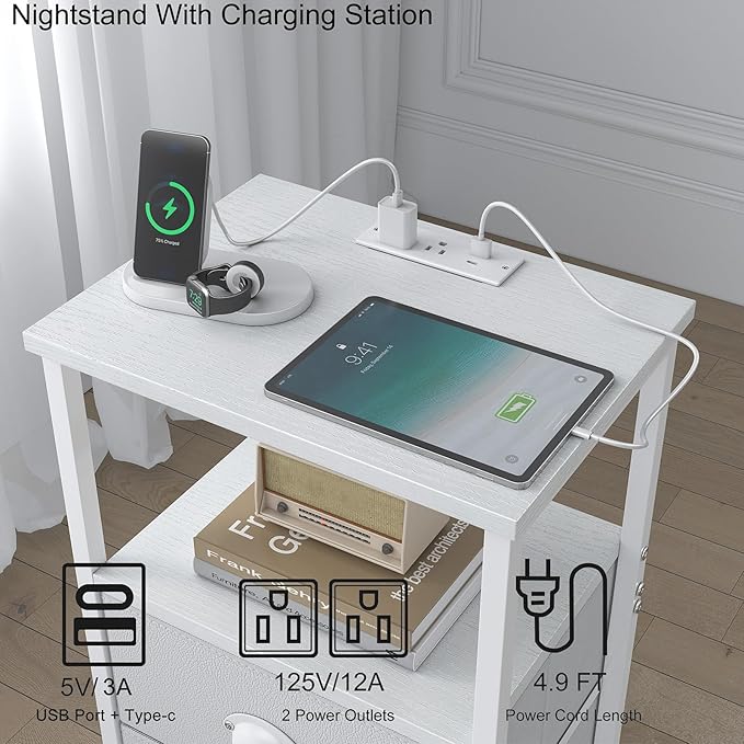 Nightstand with Charging Station, LED Night Stand with 2 Fabric Drawers PU Finish, Bedside Tables End Table with LED Light, 3-Tier Storage Side Table Nightstand with Drawers for Bedroom,White