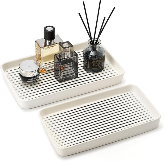 Bathroom Vanity Tray for Countertop,2PC Rectangle Striped Tray,Decorative Bathroom Organizer for Scrubber, Lotion Bottles, Perfume, Jewelry, Candle, Key Trinket Ring(Large,White)-NeatNest