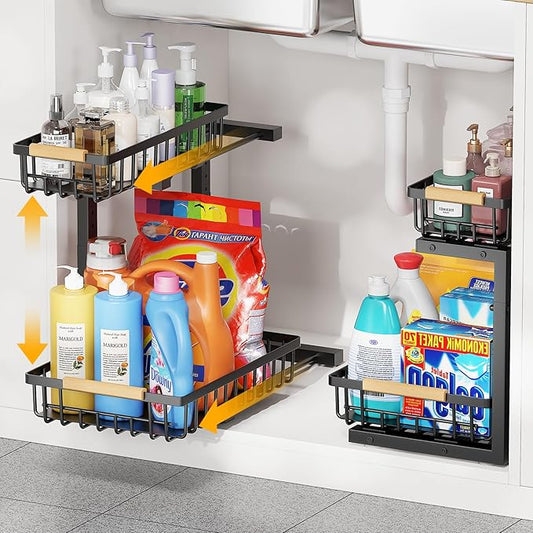 2-Tier Slide Out Under Sink Organizer – 2-Tier Pull-Out Storage Rack, Bathroom organizers and storage for Kitchen and Bathroom, Space-Saving Cabinet Organizer, Rustproof,（Black)(2 Pack)-NeatNest