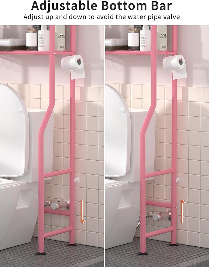 3-Tier Over The Toilet Storage, Freestanding Metal Bathroom Shelves with 4 Hooks, Over Toilet Storage Shelf with Paper Holder, Above The Toilet Shelf for Bathroom Storage, Pink-NeatNest