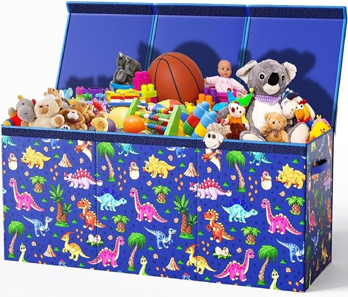 Extra Large Dinosaur Toy Box – 40"x13.5"x16.5" Collapsible Toy Chest with Dividers & Lid for Boys and Girls, Sturdy Kids Toy Organizer Bin for Nursery, Playroom, Bedroom, Stuffed Animal Storage