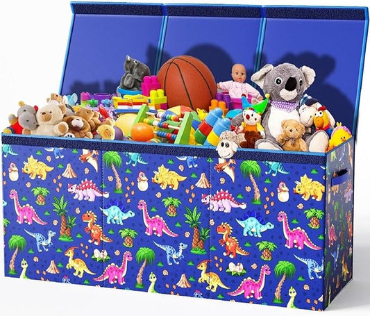 Extra Large Dinosaur Toy Box – 40"x13.5"x16.5" Collapsible Toy Chest with Dividers & Lid for Boys and Girls, Sturdy Kids Toy Organizer Bin for Nursery, Playroom, Bedroom, Stuffed Animal Storage