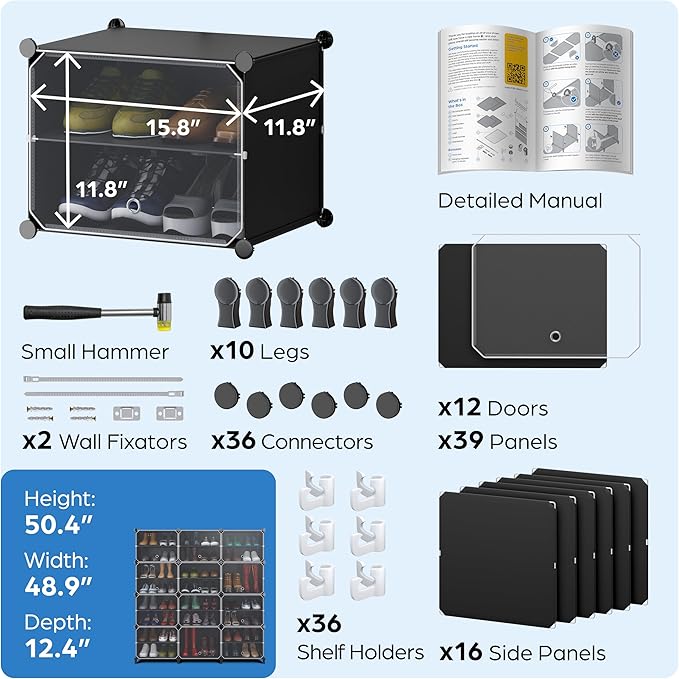 Shoe Organizer Cabinet Up to 48 Pairs, Shoe Closet-Covered Shoe Rack with See-Through Door (Clear, Plastic, Stackable) Cubby Portable Shoe Organizer with Covers, Hooks & Pockets, Black-NeatNest
