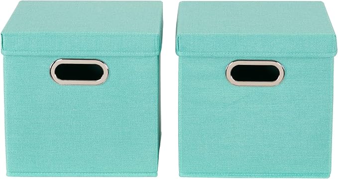 Household Essentials Collapsible Cotton Blend Cube Storage Box with Lid and Metal Grommet Handle, Set of 2, Green-NeatNest