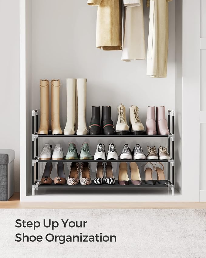SONGMICS 3-Tier Shoe Rack, Shoe Storage for Hallway Closet, Slim and Space-Saving, Metal Frame, Non-Woven Fabric Shelves, Black ULSH053B01-NeatNest