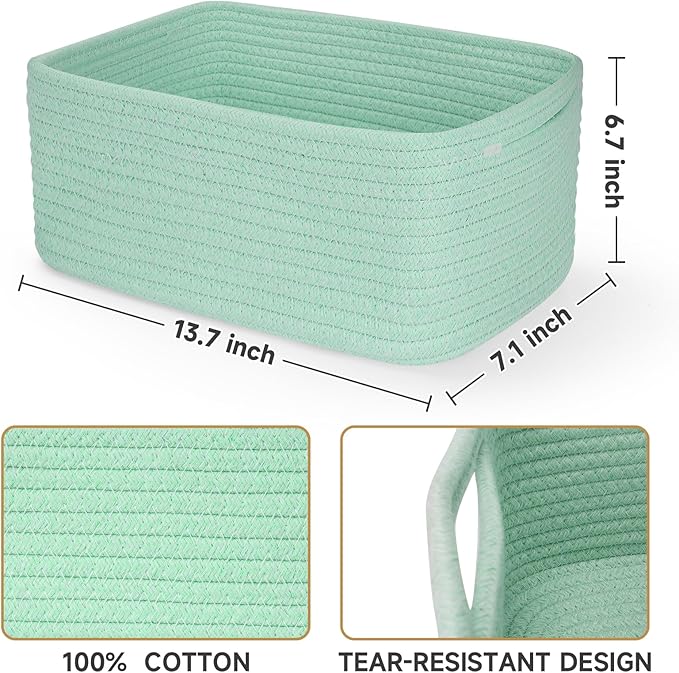 3-Pack Storage Baskets for Organizing | Woven Shelf Toy Basket | Rope Baskets for Gifts Empty | Closet Organizer Bins with Handles | Cube Decorative Box | 13.7×7.1×6.7” | Light Green-NeatNest
