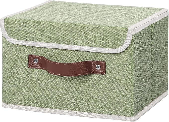 ANMINY Storage Bin with Lid Storage Boxes with PU Leather Handles PP Plastic Board Decorative Foldable Lidded Cotton Linen Fabric Home Cubes Baskets Closet Organizer Container - Green, Small Size-NeatNest