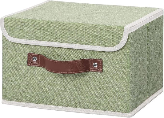 ANMINY Storage Bin with Lid Storage Boxes with PU Leather Handles PP Plastic Board Decorative Foldable Lidded Cotton Linen Fabric Home Cubes Baskets Closet Organizer Container - Green, Small Size-NeatNest