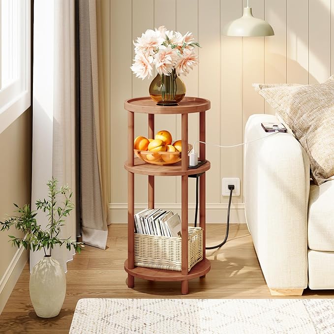 HOOBRO Small Round Side Table with Charging Station, 3-Tier Round Bamboo End Table, Compact Sofa Bedside Table for Small Space, Easy Assembly, for Living Room, Bedroom, Apartment, Walnut WL152UBZ01