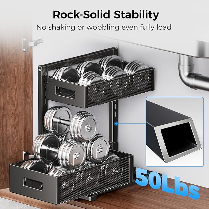 2 Pack Under Sink Organizer, Adjustable Height Under Sink Organizers and Storage, Smooth & Silent Sliding Out Metal Drawer for Kitchen Bathroom Pantry Cabinet Closet (Black)-NeatNest