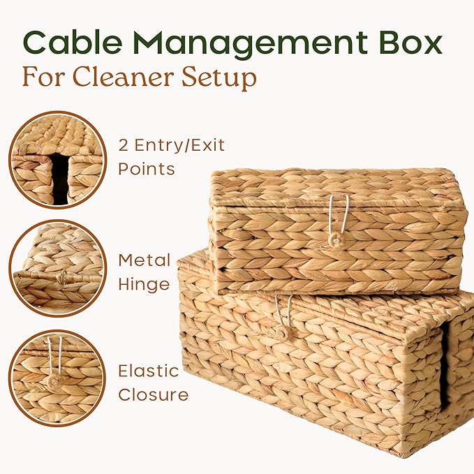2-Pack Wicker Cable Management Box, Handmade Water Hyacinth Cable Organizer with Lid, Cord Hider Basket with 2 Slots for TV Wires, Power Strips, Surge Protector