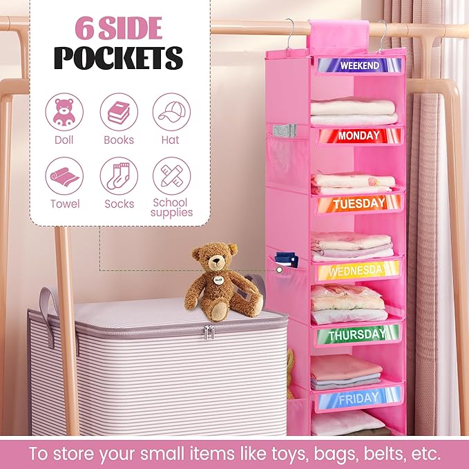 2 Pack 6-Shelf Weekly Clothes Organizer for Kids, Hanging Daily Closet Organization with 6 Side Pockets, Days of The Week Clothing Divider Storage for Boys and Girls (Pink)-NeatNest