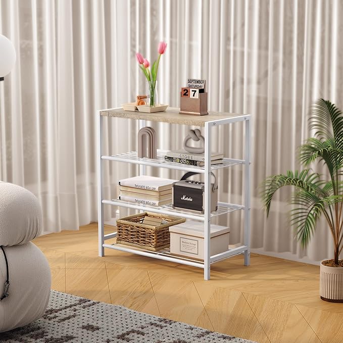 HOMEFORT 4-Tier Shoe Rack, Modern Industrial Shoe Storage Tower, Narrow Shoe Organizer for Closet Entryway, Small Shoe Rack Table with Durable Metal Shelves and MDF Top, White Oak-NeatNest