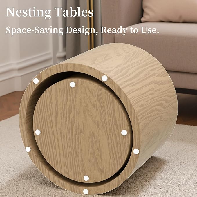 2-Piece Round Nesting Coffee Table, Circle End Table Wood Accent Table, Minimalist Side Table Set for Small Spaces, Living Room, Apartment(Oak)