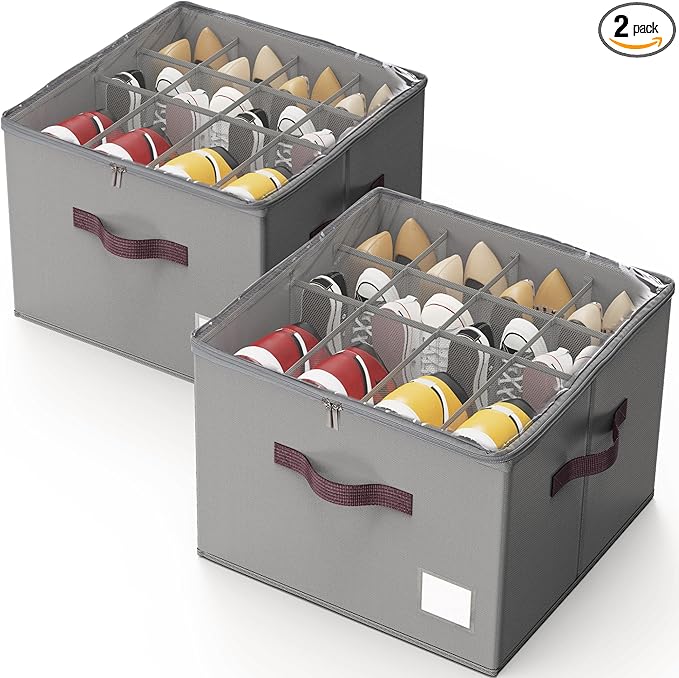 Criusia Shoe Organizer for Closet, 2 Pack Shoe Organizer with Transparent Cover and Sturdy Handles, Closet Shoe Storage for Sneakers Sandals Slippers, Fit 12-16 Pairs, Gray-NeatNest