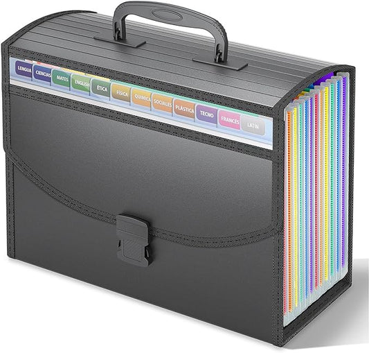 Accordion File Organizer,Portable Expanding File Folder with Handle,12 Pockets Accordion File Box,Visible Window for Quick Lookup,Colored Tabs,A4/Letter Size Documents Paper Bill Filing Organizer
