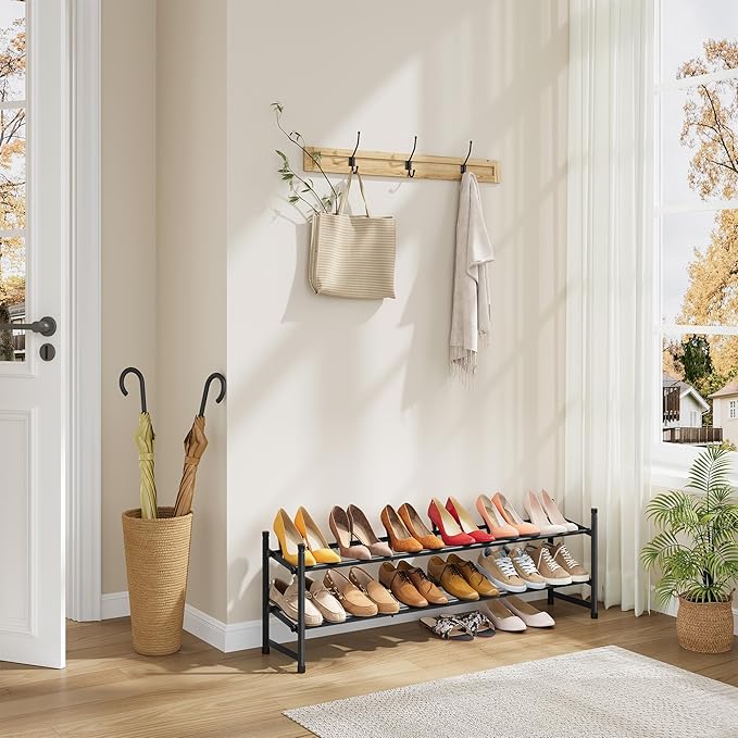Tajsoon Expandable Shoe Rack for Closet 2 Tier, 28“-41“ Adjustable & Stackable Shoe Shelf Storage, Metal Shoe Rack Organizer for Front Door Entrance, Closet, Garage, Entryway, Black-NeatNest