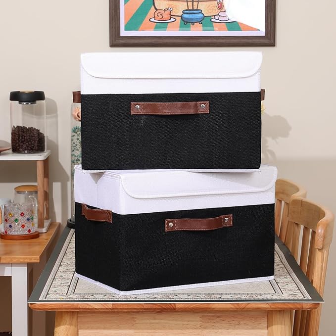 ANMINY 2PCS Storage Boxes with Lid Washable Decorative Storage Bins Basket with PU Leather Handle Foldable Linen Fabric Storage Cubes Containers for Home Closet Organizer - Black White, Large Size-NeatNest