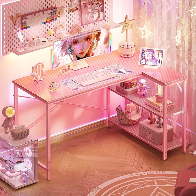 Huuger L Shaped Desk, 47 Inches Computer Desk with Reversible Storage Shelves, Gaming Desk, Corner Desk Home Office Desks, Writing Study Desk with Metal Frame, Pink-NeatNest
