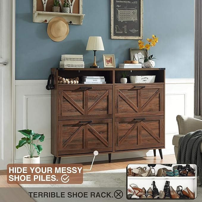 Shoe Storage Cabinet,Farmhouse Shoe Organizer with 4 Flip Drawers & Barn Door Design,Freestanding Hidden Slim Narrow Shoe Rack Cabinet with Open Shelves for Entryway,Foyer,Hallway,Walnut-NeatNest