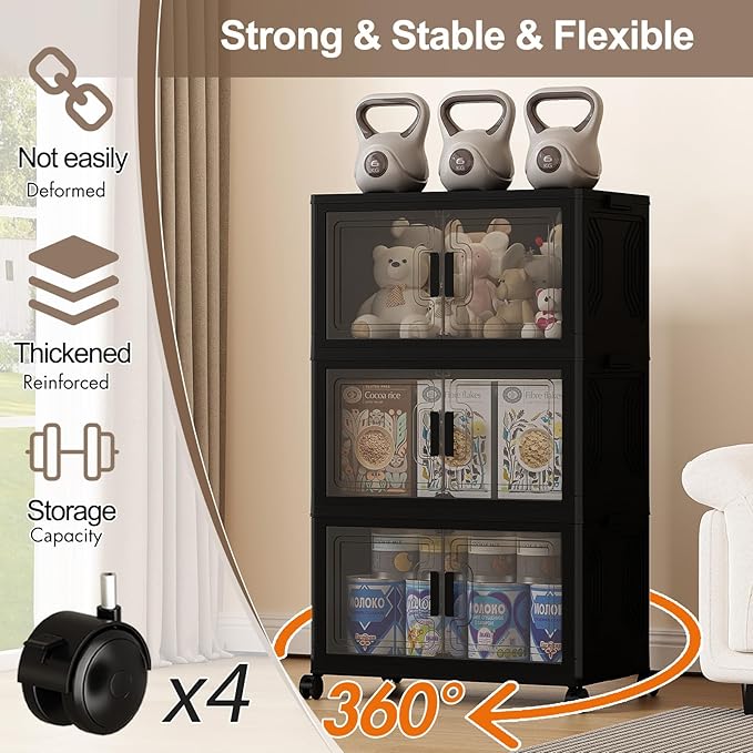 120GAL Stackable Storage Bins with Wheels and Lids, Collapsible Closet Organizers and Storage, Home Organization and Storage Cabinet, Plastic Clothes Storage Box Shelf, Black