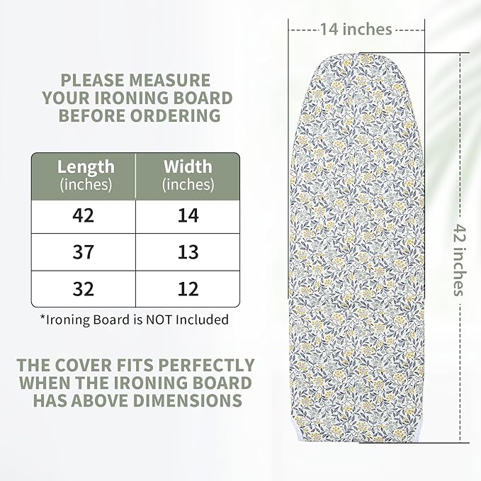 Seiritex Over The Door Ironing Board Cover 14 x 42 inch, Thick Padding and Heat Reflective with Hook and Loop Fasteners, 3 Layers Iron Board Cover (Flora)