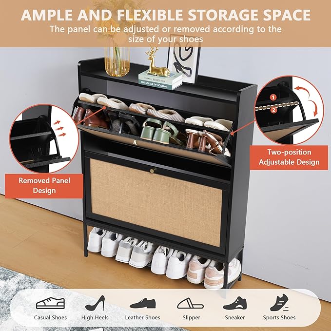 LEVNARY Shoe Storage Cabinet with 2 Flip Drawers, Wooden Narrow Shoe Cabinet Storage for Entryway, Freestanding Shoe Rack Organizer Cabinet with Metal Legs for Hallway (1, Black)-NeatNest