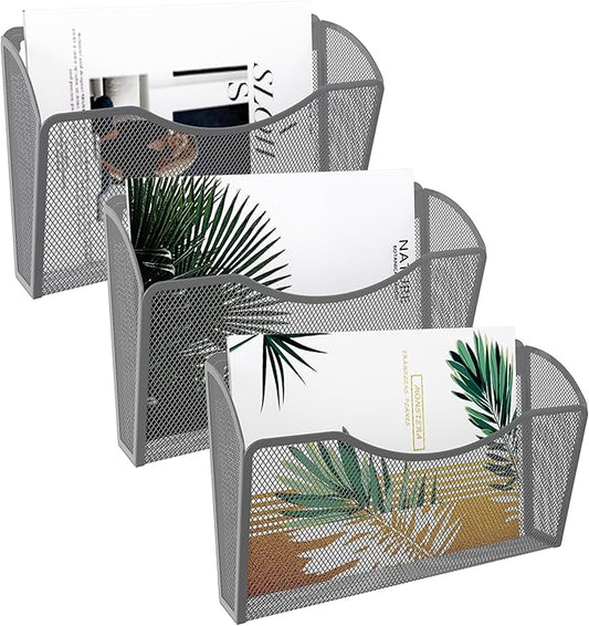 EasyPAG 3 Pack Wall File Holder, Single Mesh Hanging File Organizer for A4 Letter Size Paper, Wall Mount Paperwork Basket for Office, Home, School, Silver