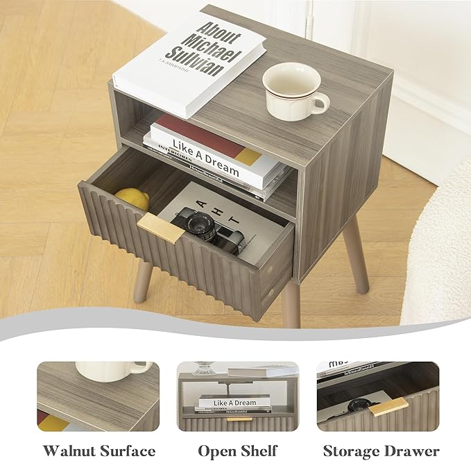 Grey Nightstand, Modern Night Stand Wood, Fluted Bedside Table with Solid Wood Legs for Bedroom, Dorm and Small Space (Grey)