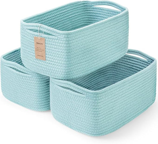 3-Pack Small Storage Baskets for Organizing | Woven Shelf Toy Basket | Rope Baskets for Gifts Empty | Closet Organizer Bins with Handles | Cube Decorative Box | 11.8×7.8×5.1” | Light Blue-NeatNest