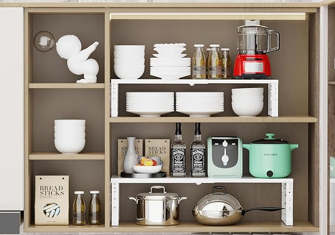 Expandable Stackable Spice Rack Organizer for Kitchen Cabinet,Adjustable Counter Shelf, countertop, Pantry,Cupboard,Bathroom,Bedroom(3Packs/White/Large)-NeatNest