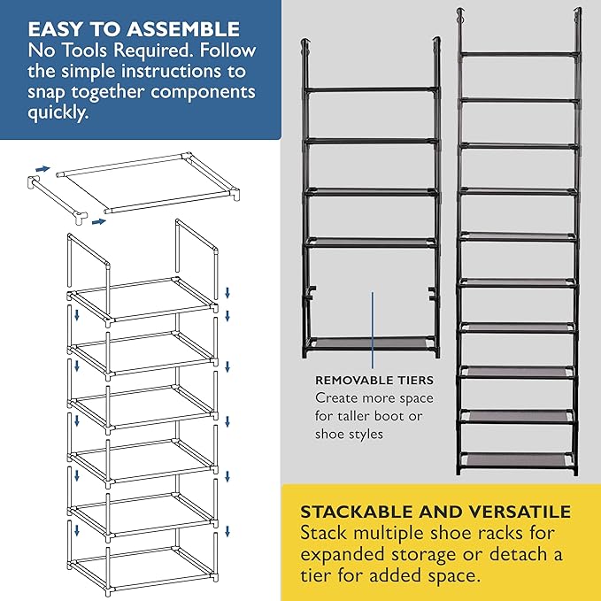 Sundaze Shoe Rack - 6 Tier Tall Shoe Rack for Closet, Sturdy Stackable Shoe Organizer for Closet, Bedroom, Entryway, Garage, Non Woven Fabric Shelf, Black, Holds 12-18 Pairs-NeatNest