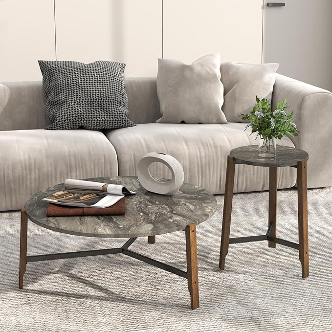 CIMOTA Round Side Table, 22.5" End Accent Table with Solid Wood Leg, Black Marble Texture Tabletop, Metal Beam, Round Nightstand for Small Spaces/Living Room/Bedroom, Black-NeatNest