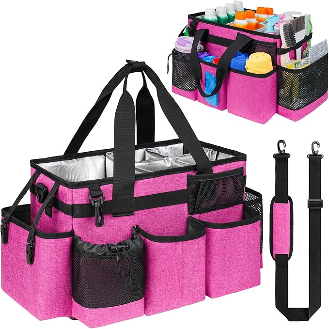 Cleaning Caddy Bag, Cleaning Supplies Organizer for Housekeepers, Housekeeping Caddy with Handle and Detachable Padded Cushion, Pink-NeatNest